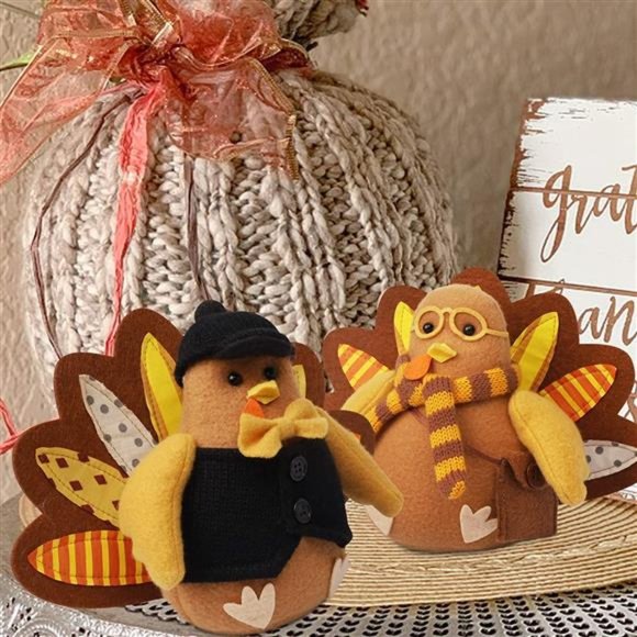 Set of 2 Thanksgiving Turkey Decor, Felt Standing Turkey Couple - Picture 7 of 7